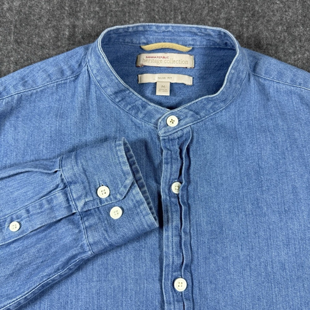 Banana Republic Heritage Men's M Slim Fit Chambray Band Collar Shirt Blue